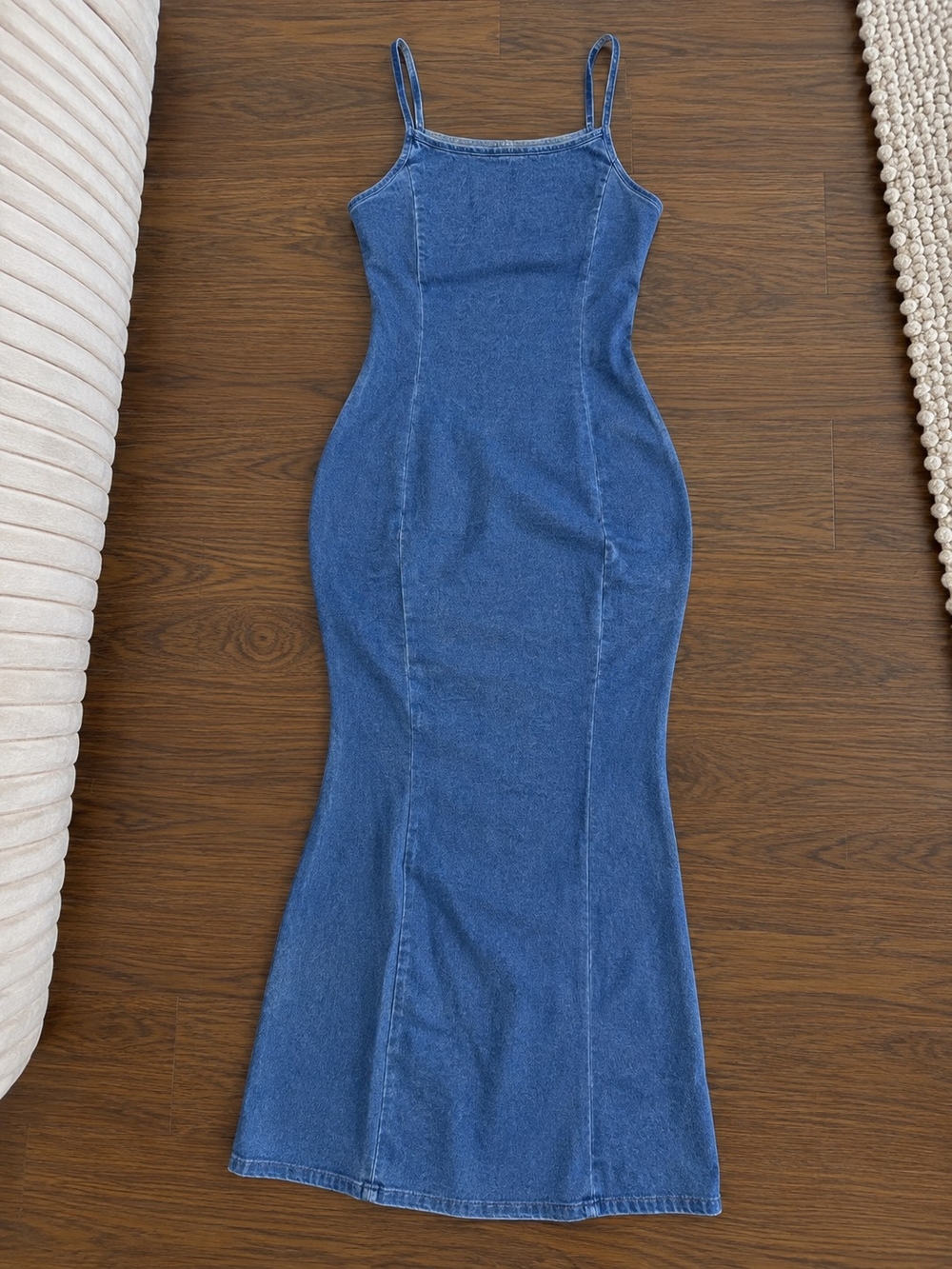 Classic Blue Denim Maxi Dress with Spaghetti Straps